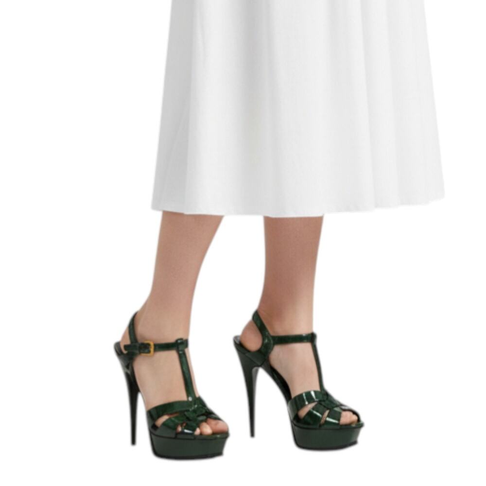 Saint Laurent Patent Leather Tribute Platform Sandals Green Women's Size 36.5